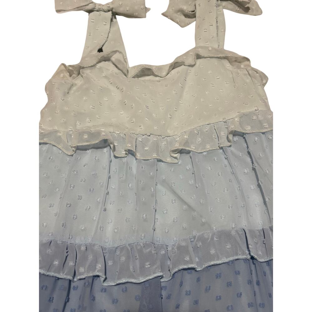 Franki 7/8 blue ombre fade a line striped Swiss dot lined twirl dress bows euc